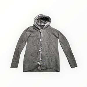 Behype Mens Gray Cable Knit Faux Fur Lined Hooded Button Up Cardigan Sweater S